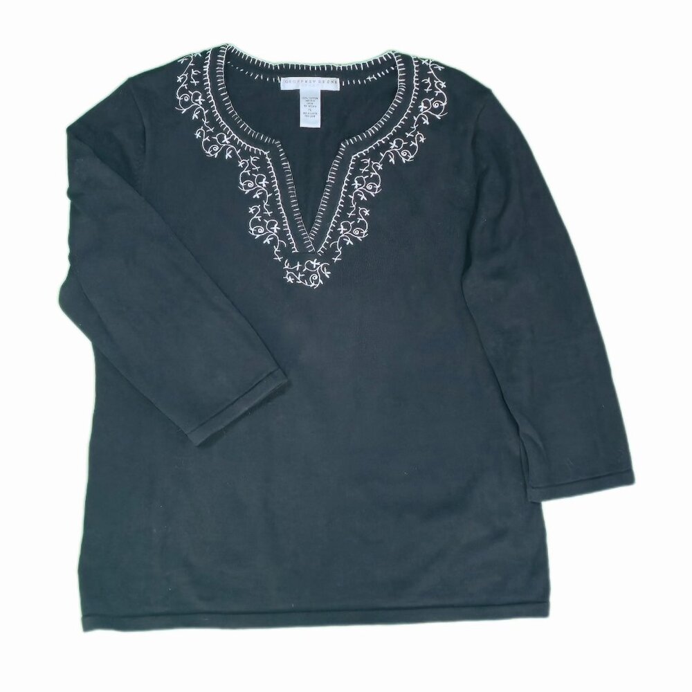Geoffrey Beene Sport Black Tunic With White Embroidery - Boho Chic Style Size XL